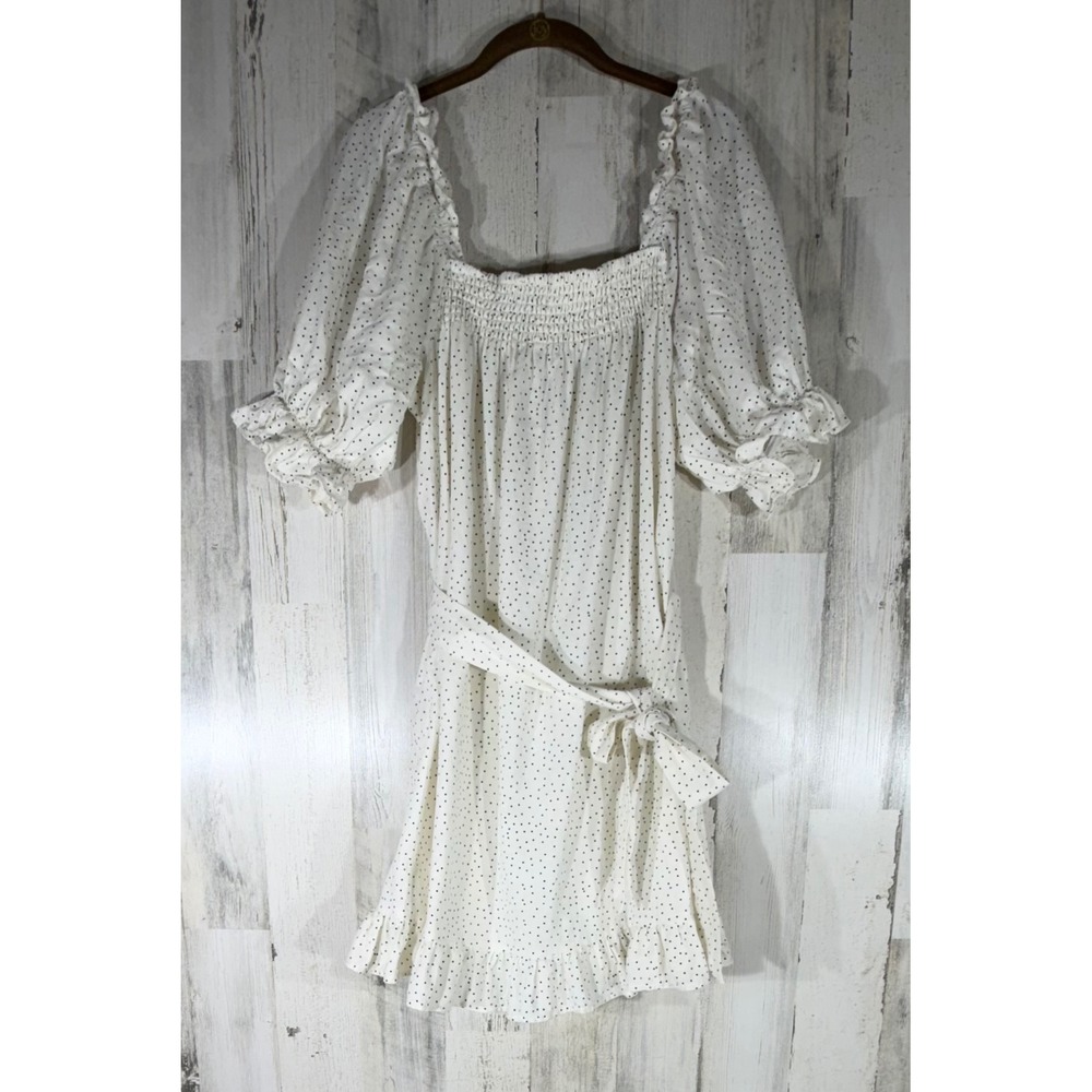 Eloquii Mini Dress 14/16 White Polka Dot Linen Blend Smocked Puff Sleeve Ruffle‎
